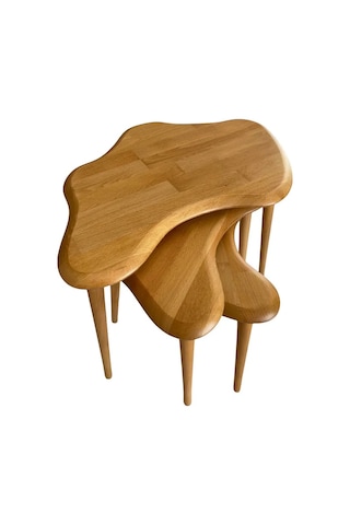 Fawdecor Asimetrik Masif Ahşap Zigon Sehpa Takımı 3'lü Set Meşe