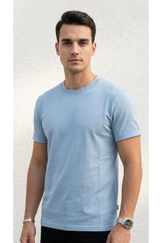 Plus Scorpion T02 Kol Katlama Erkek Slim Fit Basic Tişört Bisiklet Yaka, Düz Kumaş, Yazlık Model Mavi