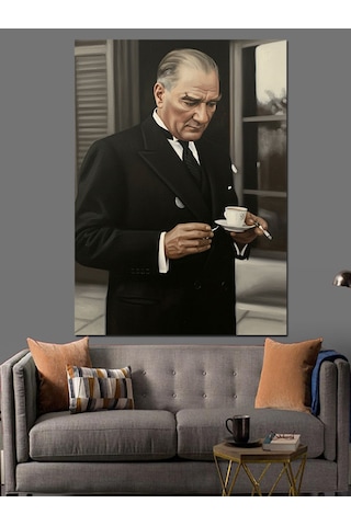 Kahve İçen Atatürk Fotoğrafı Dekoratif Kanvas - Mdf Ahşap Tablo