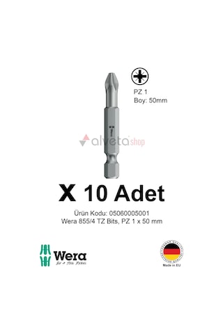 Alveta Wera 855/4 Tz Pz1 X 50mm Tornavida Ucu 10 Adet Pozidriv Vidalama Bits Seti Profesyonel Seri