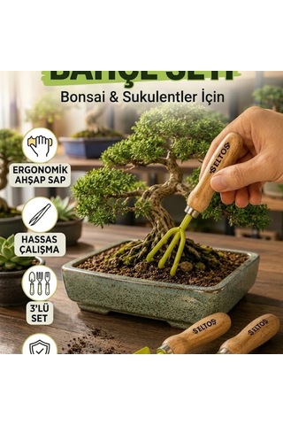 Mini Saksı Ve Bonsai Bahçe El Aletleri Seti Ergonomik Ahşap Saplı