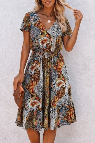 Alyn Wear Kadın Kısa Kollu V Yakalı Beli Lastikli Midi Süprem Elbise Çok Renkli