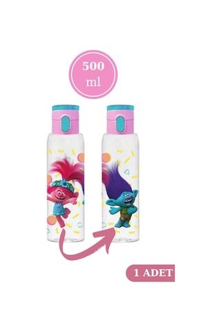 Flosoft Lisanslı Trolls Matara, Trolls Desenli Düğmeli Okul Suluğu, Sızdırmaz Öğrenci Suluk 500Ml