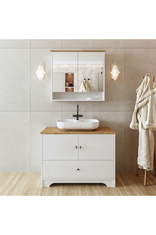 Oval Lavabolu Mat Beyaz Mdf 100 Cm Banyo Dolabı Atlantik Çam - Beyaz