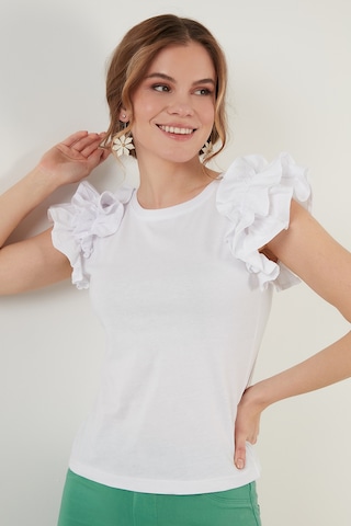 Lela Pamuklu Kolları Fırfırlı Slim Fit Bisiklet Yaka Bayan T Shirt 5864500 Beyaz