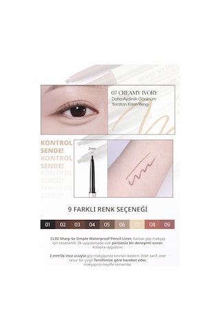 Suya Dayanıklı, İnce Uçlu Göz Kalemi Clıo Sharp So Simple Waterproof Pencil Liner 007 Creamy Ivory 07