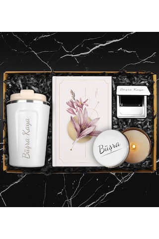 Kişiye Özel Starbucks Model Çelik Termos & Tasarım Defter & Beyaz Ayna & Mum Hediye Seti