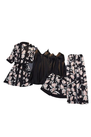 Ece's Design 5 Parça Lüks Saten Pijama Gecelik Takımı Çiçek Desenli Sabahlık Robe Kadın İç Giyim Seti W2013 Siyah