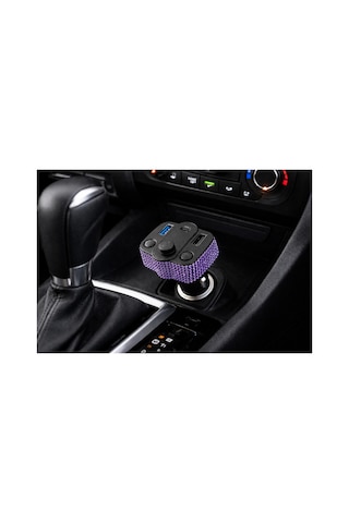 Araç İçi Mor-lila Kristal Taşlı Fm Transmitter Bluetooth Usb Type-c Oto Çakmaklık