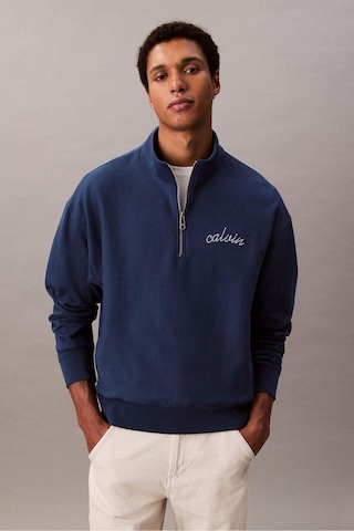 Erkek Yarım Fermuarlı Logolu Sweatshirt - Mavi-8783 Blue Jean