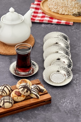 Cooker 6'lı Metal Dövme Desen Çay Tabağı Gümüş Ckr3578 Gümüş