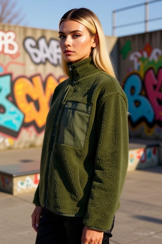 Benerly Kadın Dik Yaka Düşük Kol Tam Fermuarlı Peluş Sweatshirt Fonksiyon Haki