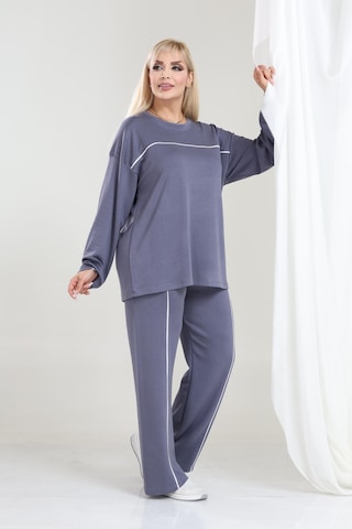 Biyeli Büyük Beden Oysho Tarzı Modal Kumaş Uzun Kollu Biyeli Rahat Günlük Takım Gri