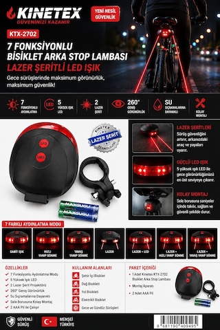 7 Fonksiyonlu Lazer Şerit Bisiklet Arka Stop Lambası 5 Led, 2 Lazer, Su Geçirmez, 260 Görünürlük Çok Renkli