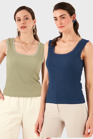 Lela Slim Fit Kalın Dantelli Kare Yaka Bürümcük 2'Li Paket Bayan Atlet 5864979S2 Olive-Indigo