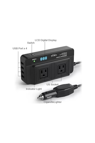 200w Araba İnvertörü 12v İla 110v Modifiye Sinüs Dalgası Güç Dönüştürücüsü 2 Ac Çıkışlı 4 Usb Portlu-siyah