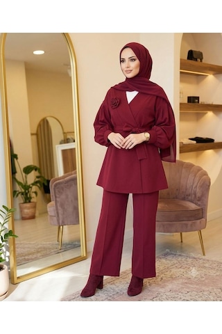Lovie Moda Gül Detaylı Pantolonlu İkili Takım Bordo