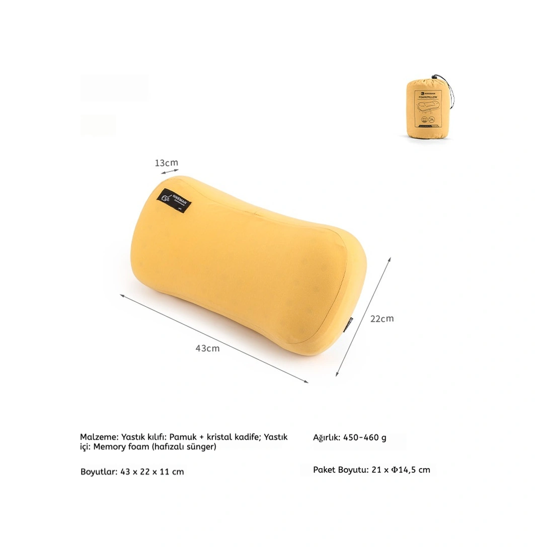 Hıkeman Kamp Yastığı Hafif, Memory Foam Seyahat, Kamp, Ofis Ve Bel Destek Yastığı Sarı