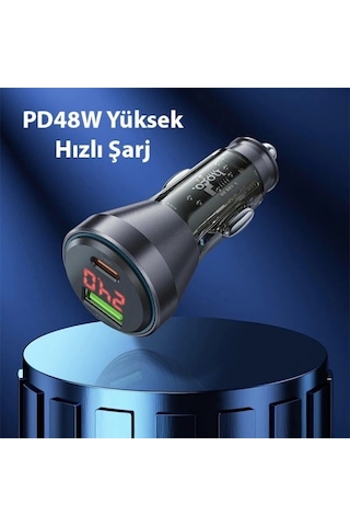 Hoco Nz12b Unimpeded Pd48w Usb + Type-c Araç Çakmaklı Hızlı Şarj Aleti + Type-c To Type-c Kablo