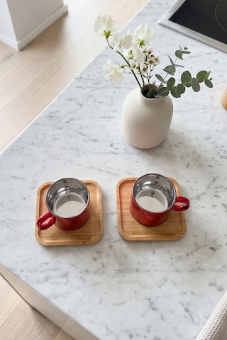 4 Parça 2 Kişilik Bambu Altlıklı Metalik Kırmızı Cam Kahve Fincan Takımı 100 Ml