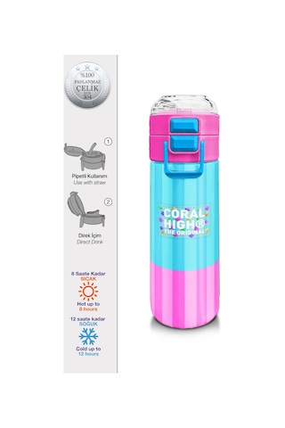 Coral High Kids Renkli Çizgili Desenli Pipetli Ve Direkt İçim Çelik Termos 500 Ml 31987 Pembe - Mavi
