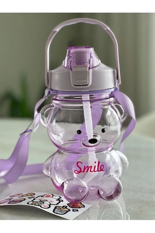 Smile Ayıcıklı Renkli 1000 Ml Matara Su Şişesi Suluk Tritan Bpa Içermez Sticker Hediyeli Biri Büyük Biri Küçük 2adet Çok Renkli