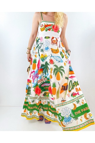 Özel Baskı Maxi Şifon Elbise Çok Renkli