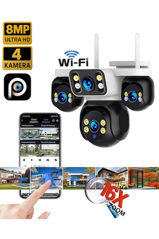 Hieasy 8mp 4 Kameralı Wifi 16x Zoom Hieasy Gece Görüş Çift Yönlü Ses Uzaktan İzleme Kişi Takibi Türkçe Es-5804