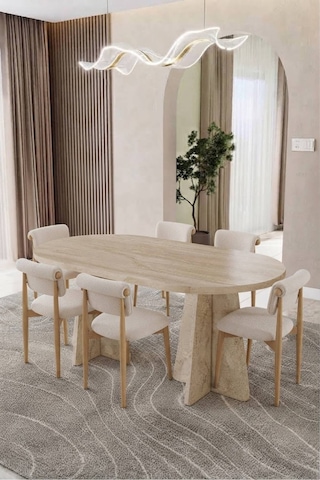 Bohem 90 X 160 Traverten 6 Sandalyeli Yemek Odası Takımı Salon Takımı Masa Takımı Bej