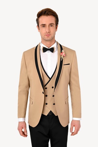 Ysf Erkek Bej Slim Fit Yelekli Şal Yaka Damatlık