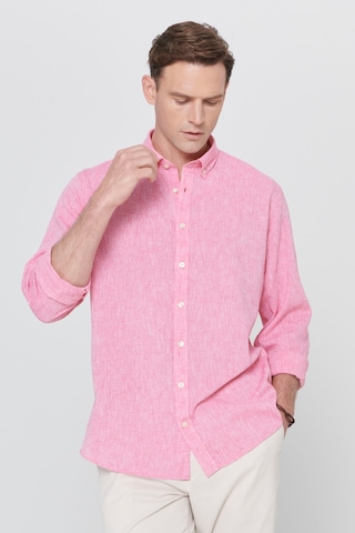 AC&Co / Altınyıldız Classics Erkek FUSYA Comfort Fit Rahat Kesim Düğmeli Yaka Casual Keten Gömlek Fuşya
