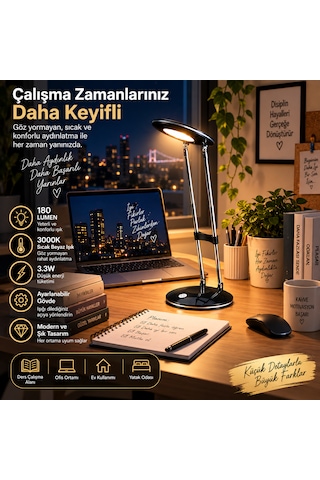 Led Masa Lambası 3.3w 180 Lumen 3000k Sıcak Siyah Ayarlanabilir Başlıklı Çalışma Ve Ders Lambası