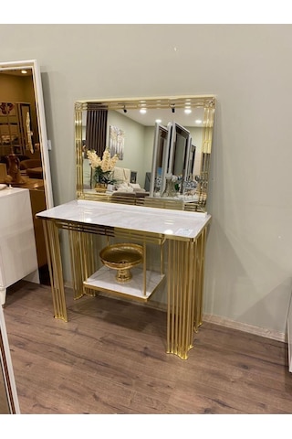 Makyaj Seti Konsol + Ayna + Puf Hepsi Bir Arada Yatak Odası Seti Gold