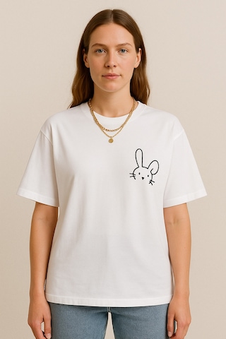 Kadın Tavşan Baskılı Oversize Beyaz T-shirt Beyaz