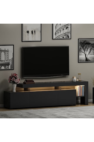 Beliz Modern LED Işıklı 3 Kapaklı, Raflı TV Sehpası – 192 cm, Antrasit