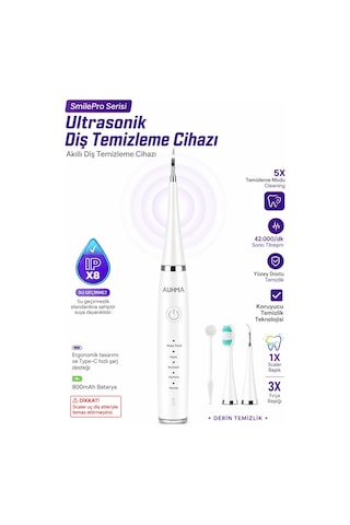 Exenar - Beyaz - Diş Taşı Temizleme Cihazı Şarjlı Diş Fırçası Sonik Ultrasonik Akıllı Diş Taşı Temizleyici 5 Mod Ipx8