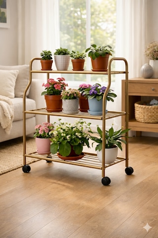 Modern Gold 3 Katlı Metal Tekerlekli Mutfak Ve Dekoratif Saksılık Çiçeklik Dayanıklı Raflı Stand-organizer Gold