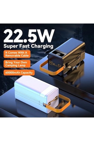 60000mah Entegre 4 Kablolu Powerbank Dijital Ekranlı Led Fenerli Hızlı Şarj Taşınabilir Şarj Cihazı-1206 BEYAZ