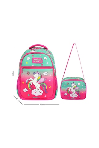 Waddell Lisanslı Fuşya Unicorn Desenli Kız Çocuk İlkokul Sırt Çantası Ve Beslenme Çantası