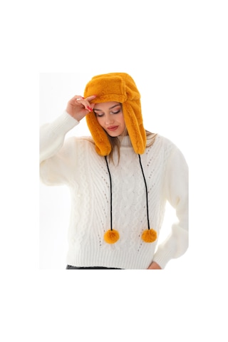 Kadın Hardal Kürklü Kulaklıklı Peluş Şapka Hardal