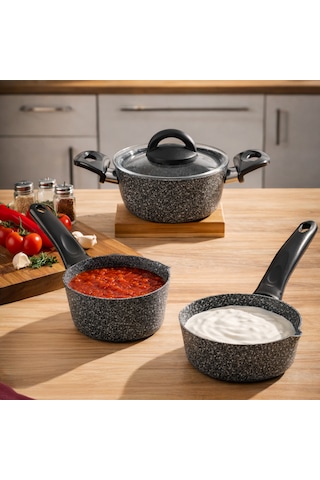 Porsima 4399 4 Parça Kaçerola Sosluk Sütlük Mini Granit Tencere Sahan Seti Gri 14cm Gri
