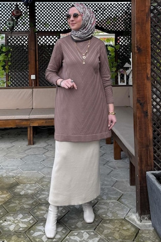 Rabia Şamlı Damla Triko Tunik Sütlü Kahve Çok Renkli
