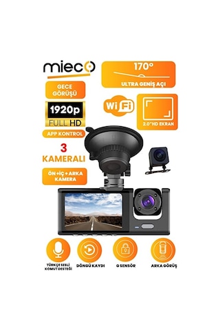 Mieco 1s Wifi 1920p Fhd 170 Derece Ultra Geniş Açı Gece Görüşü Ve G-sensörü 2025 3 Kameralı Araç Kamerası