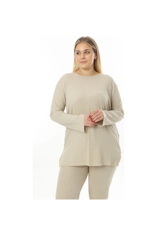 Modasehle Büyük Beden Uzun Kollu Yüksek Bel Beli Lastikli Yırtmaçlı İnce Pijama Takım Uzun-krem