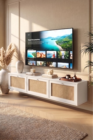 Dune Tv Ünitesi Sehpası Duvara Monte 3 Ahşap Jüt Kapaklı 180cm Beyaz-jüt Dn1-wj