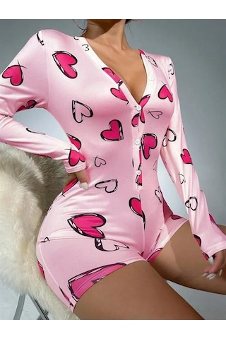 Go İthalat Kadın Pamuklu Pembe Desenli Düğmeli Uzun Kol Tulum Pijama