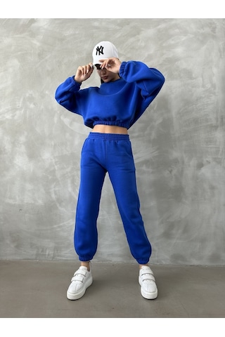 Kadın Pamuklu İçi Polarlı Basic Eşofman Takımı Saks