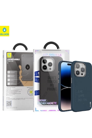 Blueo Apple Uyumlu iPhone 14 Pro Max Lacivert Deri Punk Premium Telefon