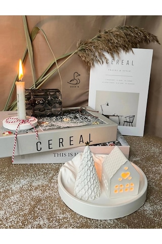 Dağ Görünümlü Tabak Çukur Ev Şeklinde Tealight Mumluk Çam Ağacı Dekor 2 Li Set