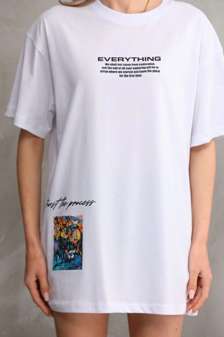 Primemagazam Kadın Bisiklet Yaka Baskılı Oversize T-shirt - Beyaz Çeşitli